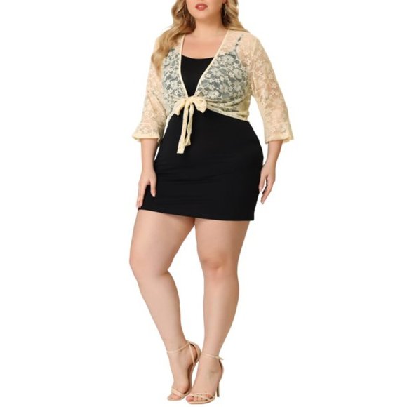 Women's Plus Cardigan Tie Front Floral Hollow Out Lace Draped Cover-Ups Beige - Picture 4 of 7